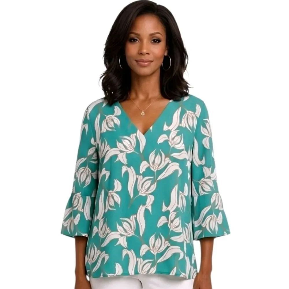 41 Hawthorn Green & White Floral V-neck 3/4 Sleeve Blouse Size L NWOT